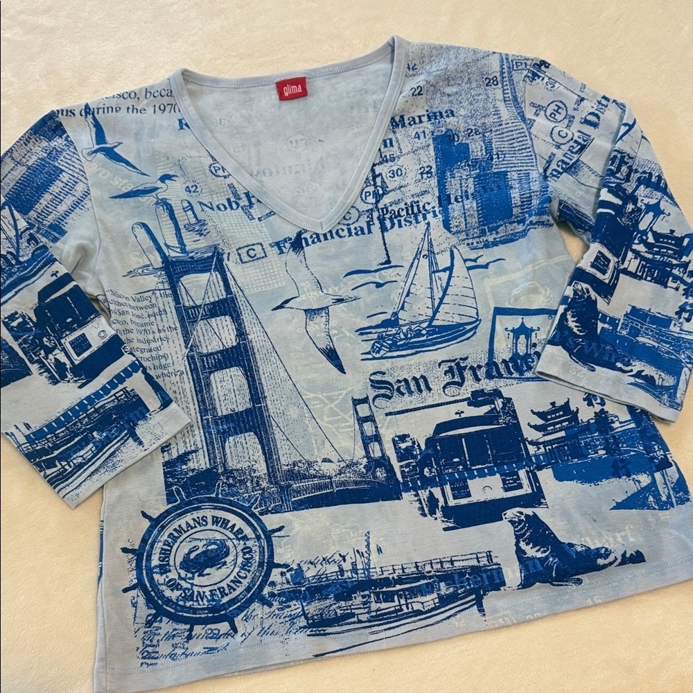 Glima Y2K Blue San Francisco Cityscape Graphic Print Women's Top NWOT
